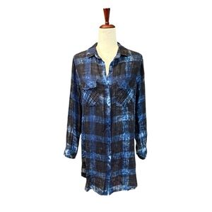 Anthropologie Cloth & Stone Navy and Black Checkered Gauze Shirt Dress S #1968